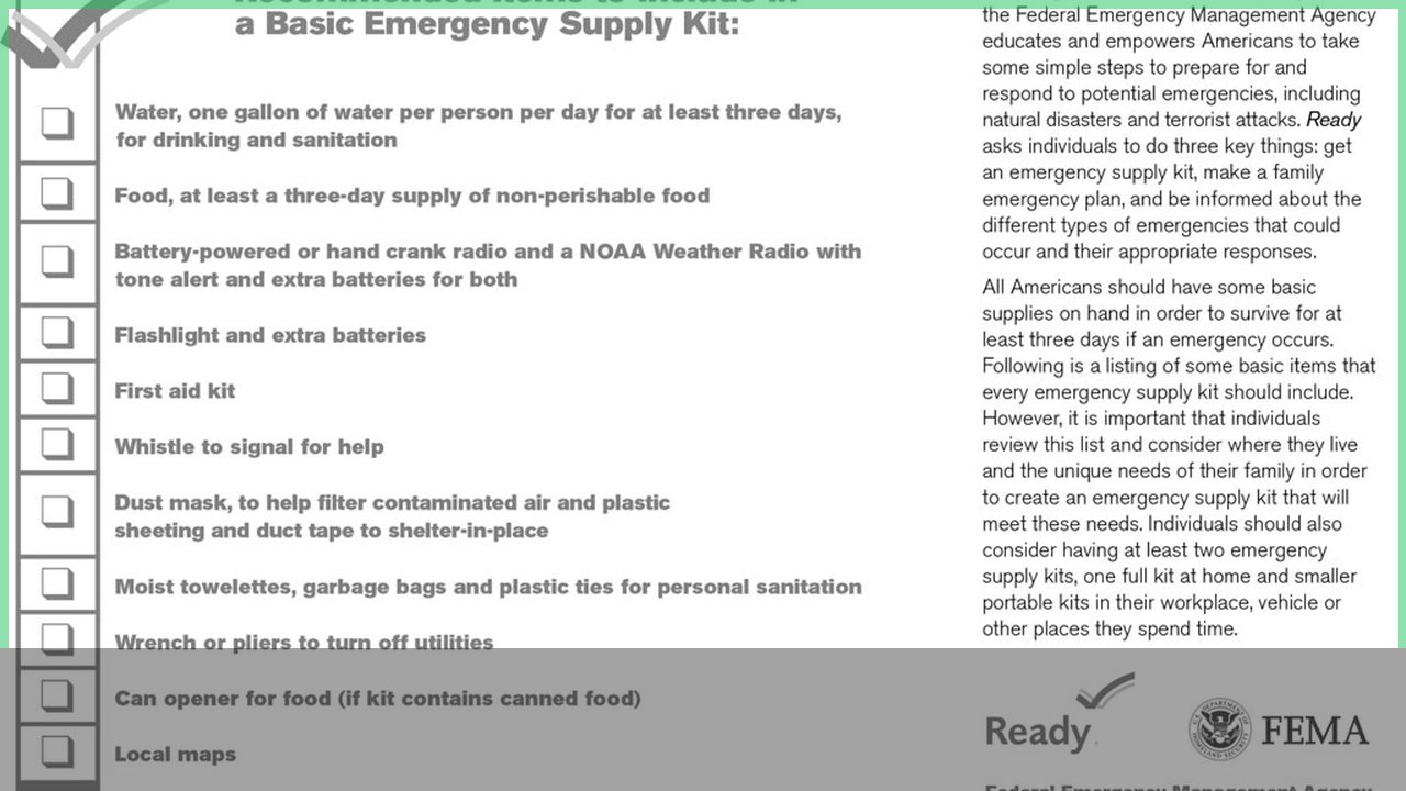 Basic emergency kit supplies arranged on a table