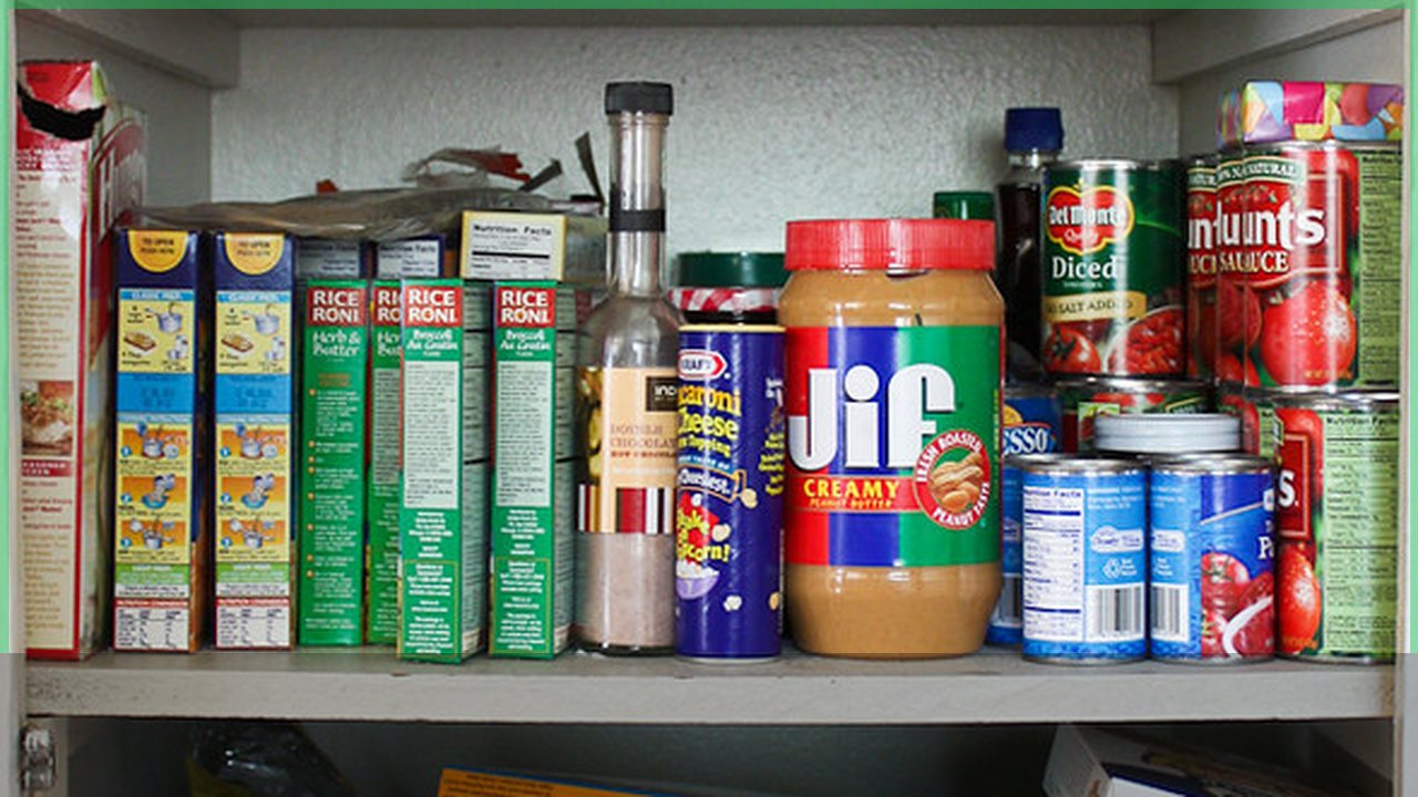Pantry shelves organized for emergency food rotation