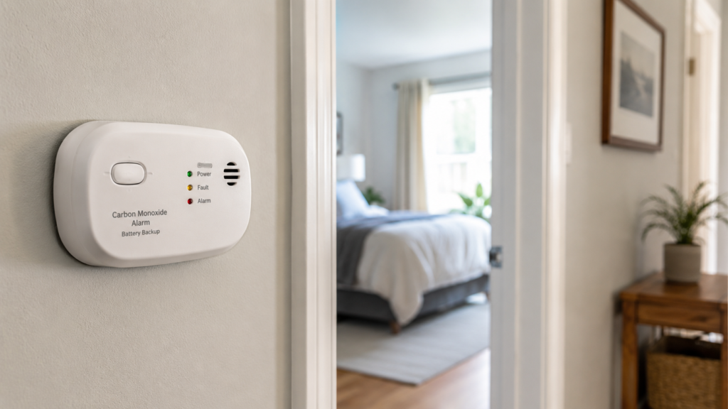 Carbon monoxide detector with battery backup installed in a home hallway for storm and power outage safety.