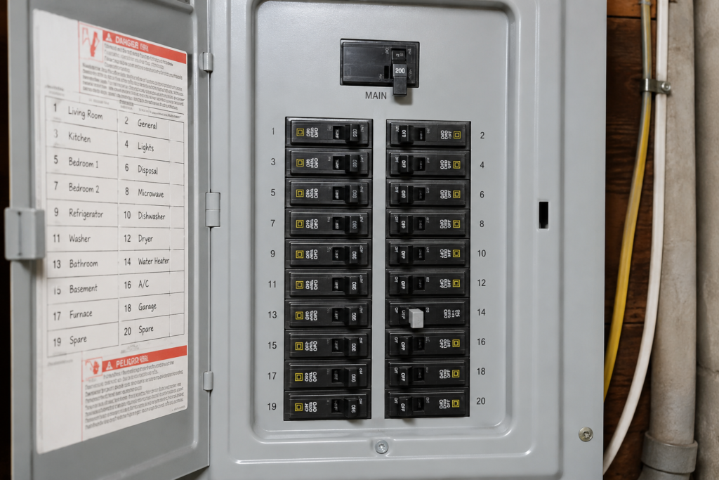 Home electrical breaker panel with a tripped circuit breaker during a safety check.